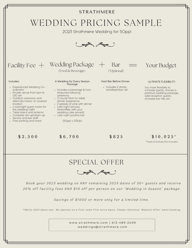 sample pricing for a wedding at strathmere